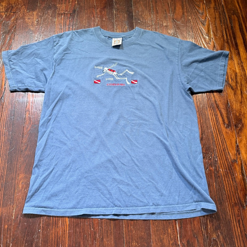 Vintage 90s Cozumel Shirt Mens XL Blue Scuba Diving Skeleton Mexico Embroidered